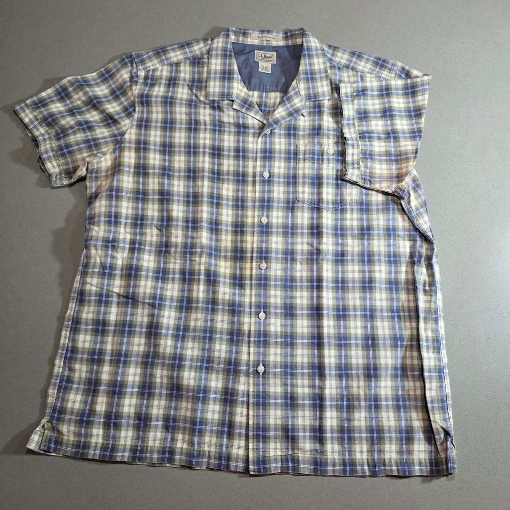 LL Bean Mens XL Blue Green Plaid Short Sleeve Button Down Shirt 301287 Cotton